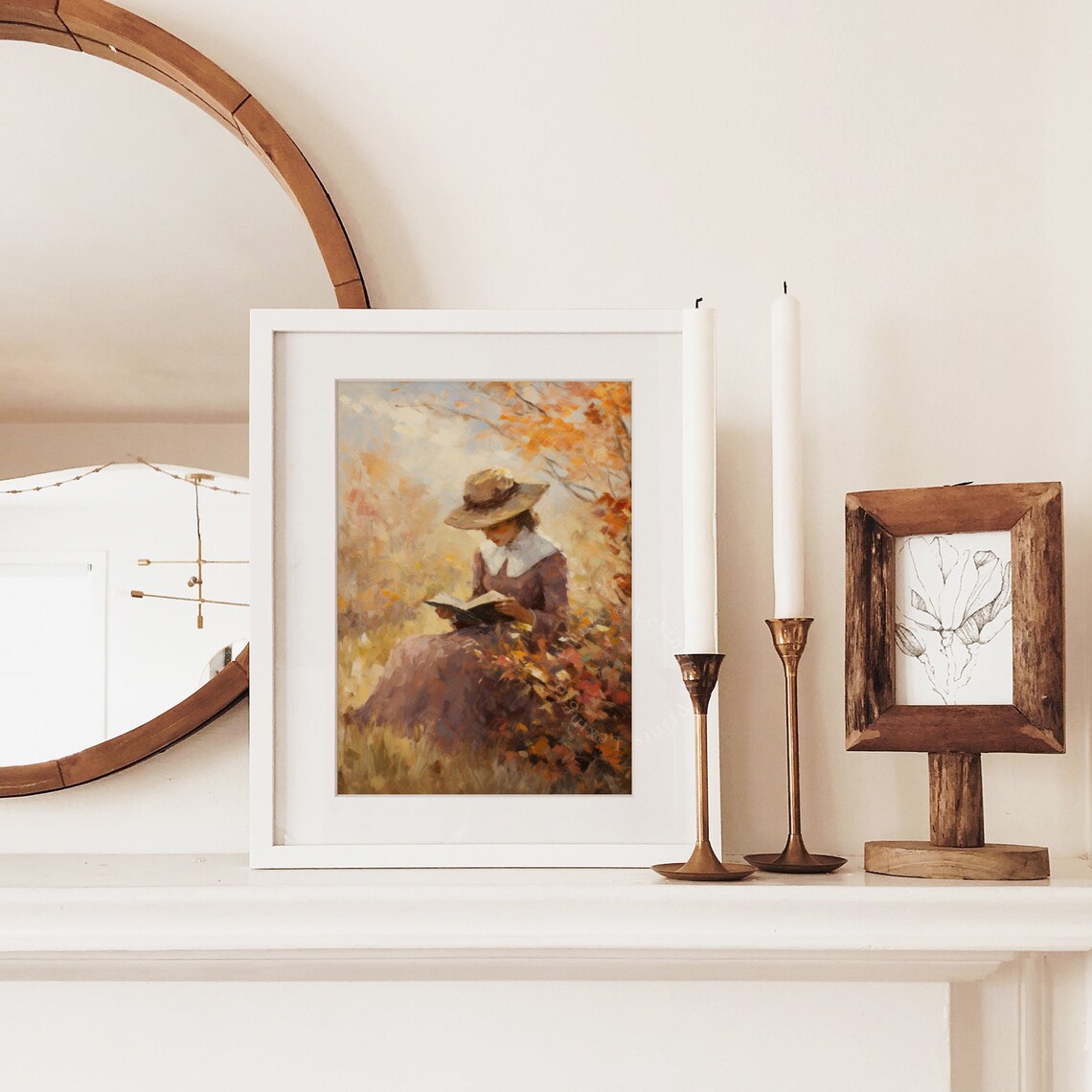 Woman Reading in Autumn Garden Vintage Hat Fall Foliage Art Poster - Image 5