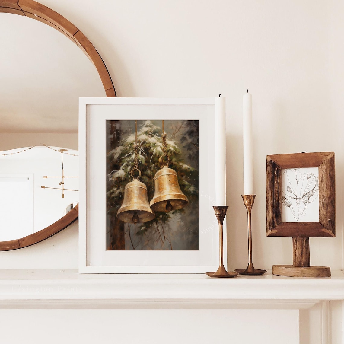 Golden Brass Bells Snowy Fir Branch Vintage Christmas Painting Poster - Image 2