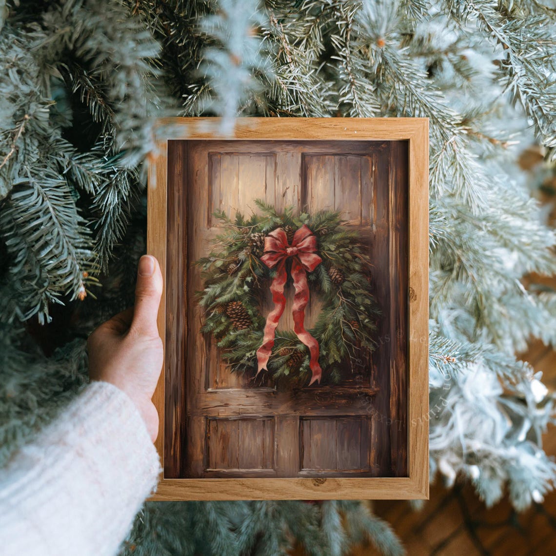 Christmas Wreath with Red Velvet Bow on Rustic Wooden Door Poster - Image 8