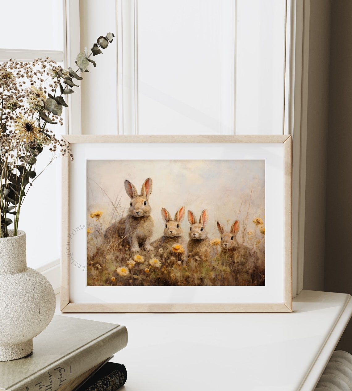 Four Bunnies in Spring Meadow with Yellow Flowers Vintage Wall Art - Image 4
