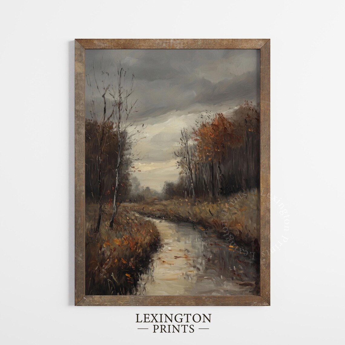 Misty Stream Through Autumn Woods Stormy Sky Oil Painting Poster - Image 5