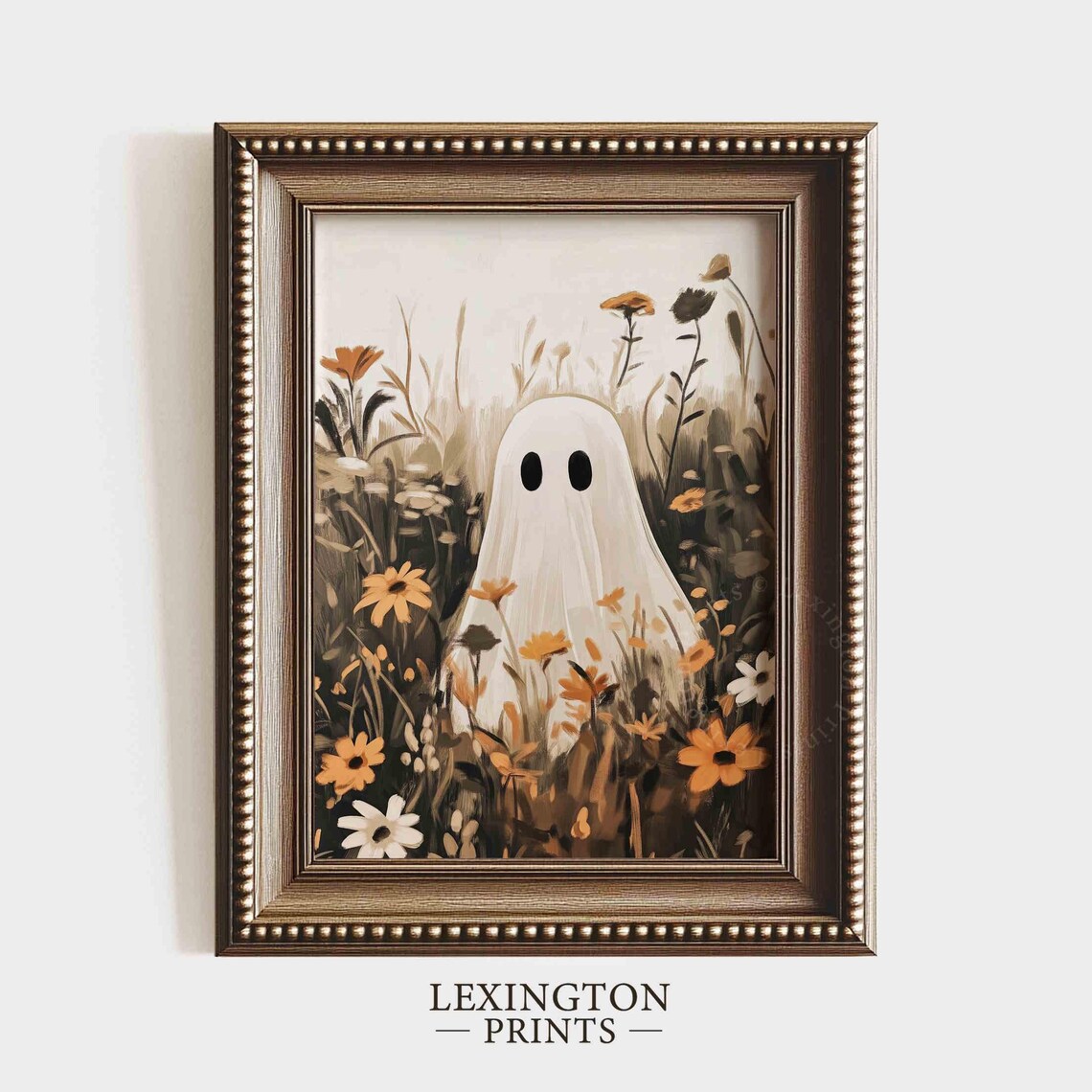 Cute Ghost Hiding in Autumn Wildflower Field Playful Halloween Poster - Image 5