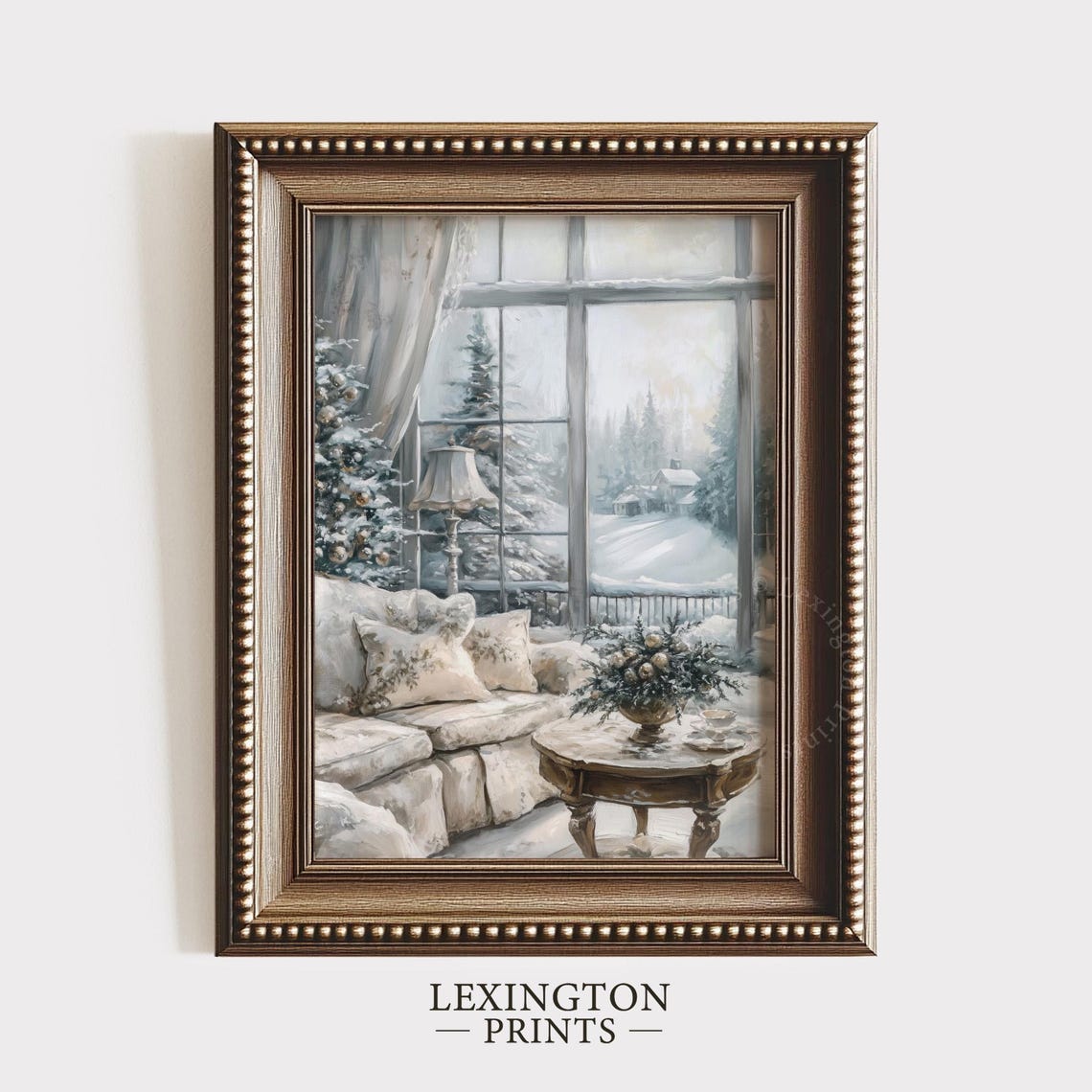 Cozy White Living Room Overlooking Snowy Pine Forest View Poster - Image 4