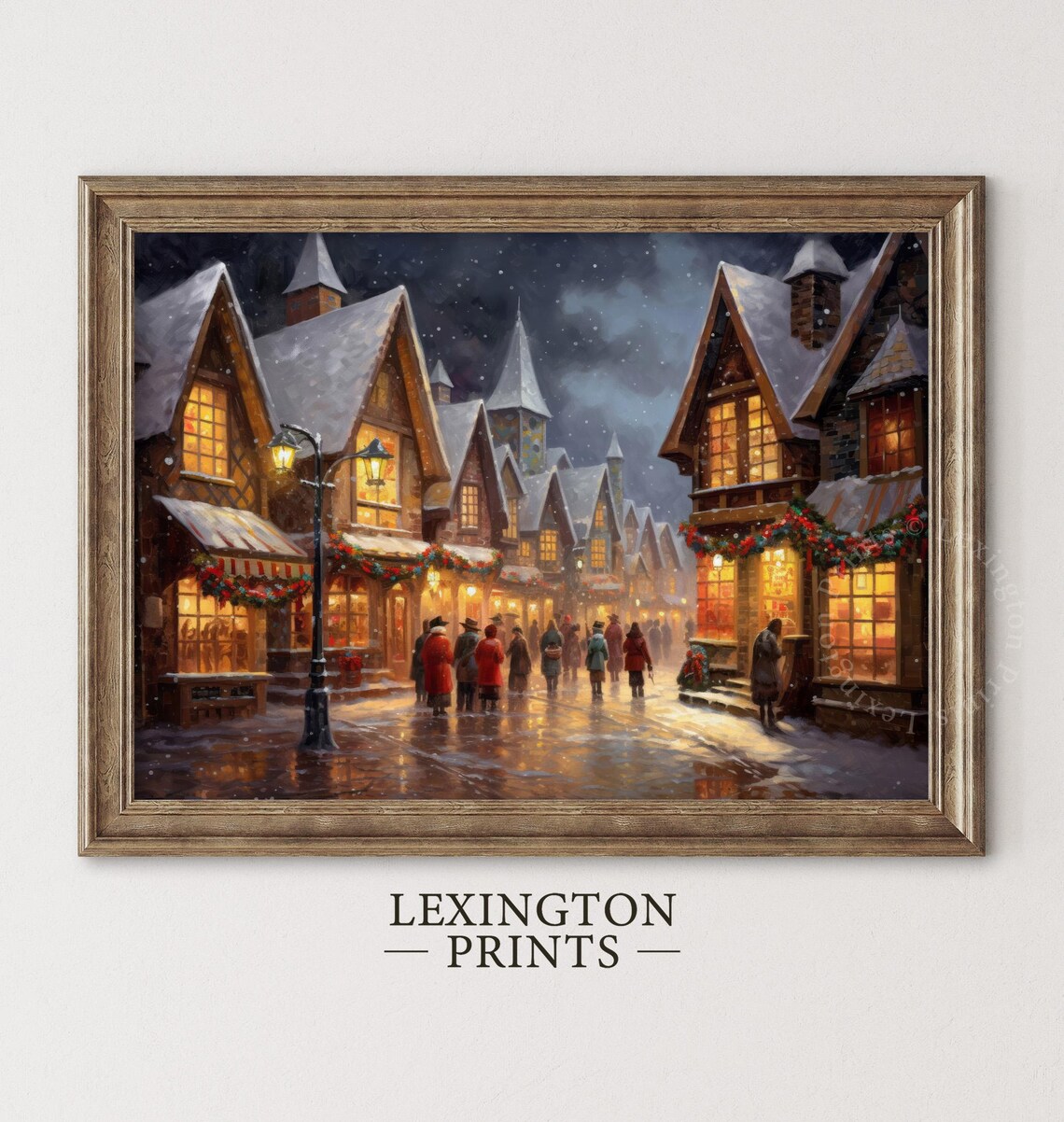Snowy Christmas Village Street at Night Glowing Windows Art Print - Image 8