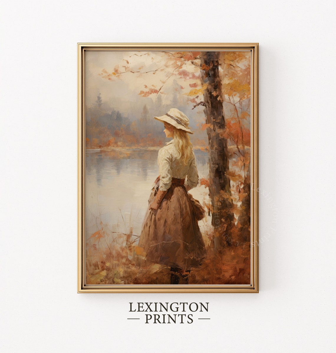 Woman in a Hat by an Autumn Lake Vintage Fall Painting Poster - Image 4