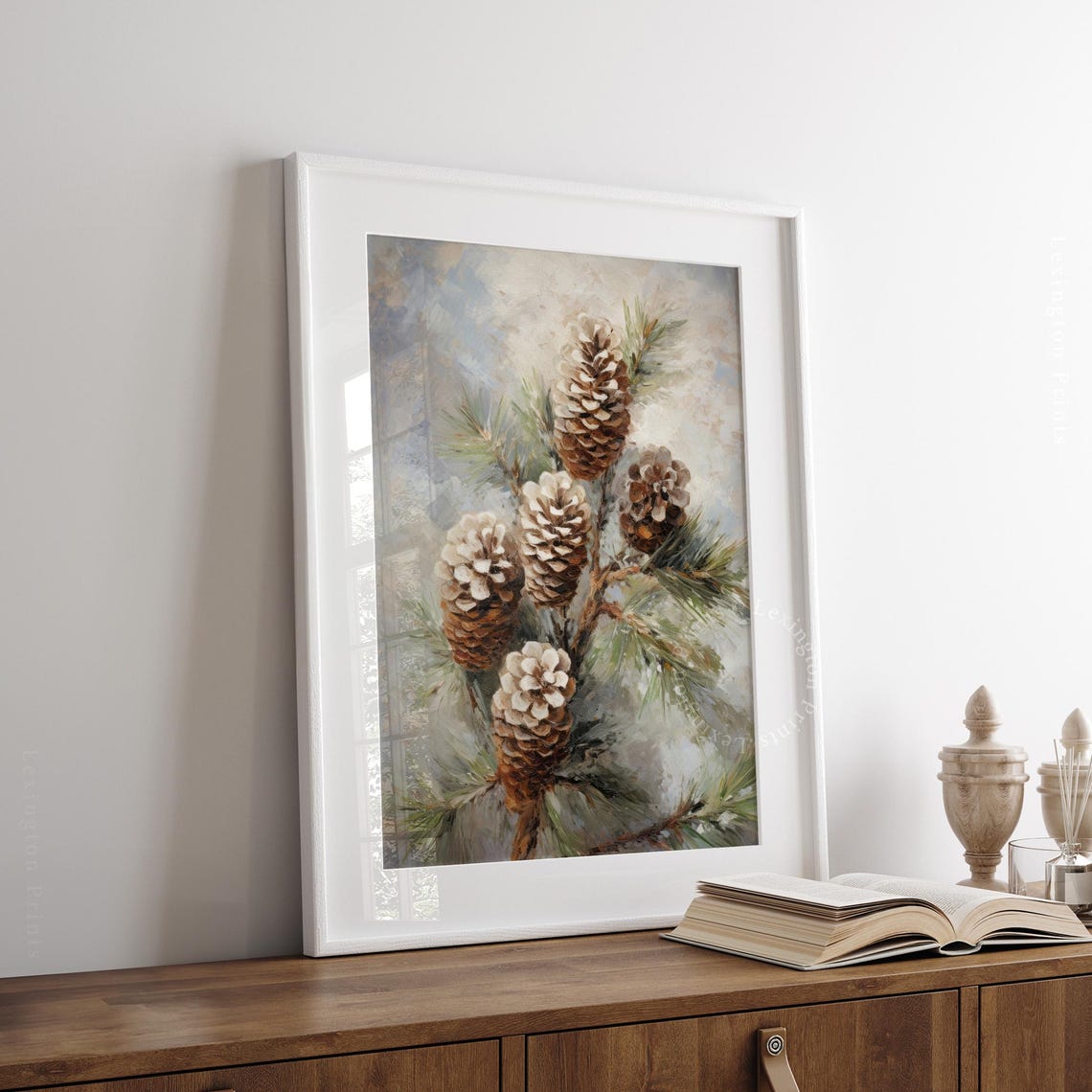 Frosted Pinecones on Snowy Evergreen Branch Still Life Poster - Image 6