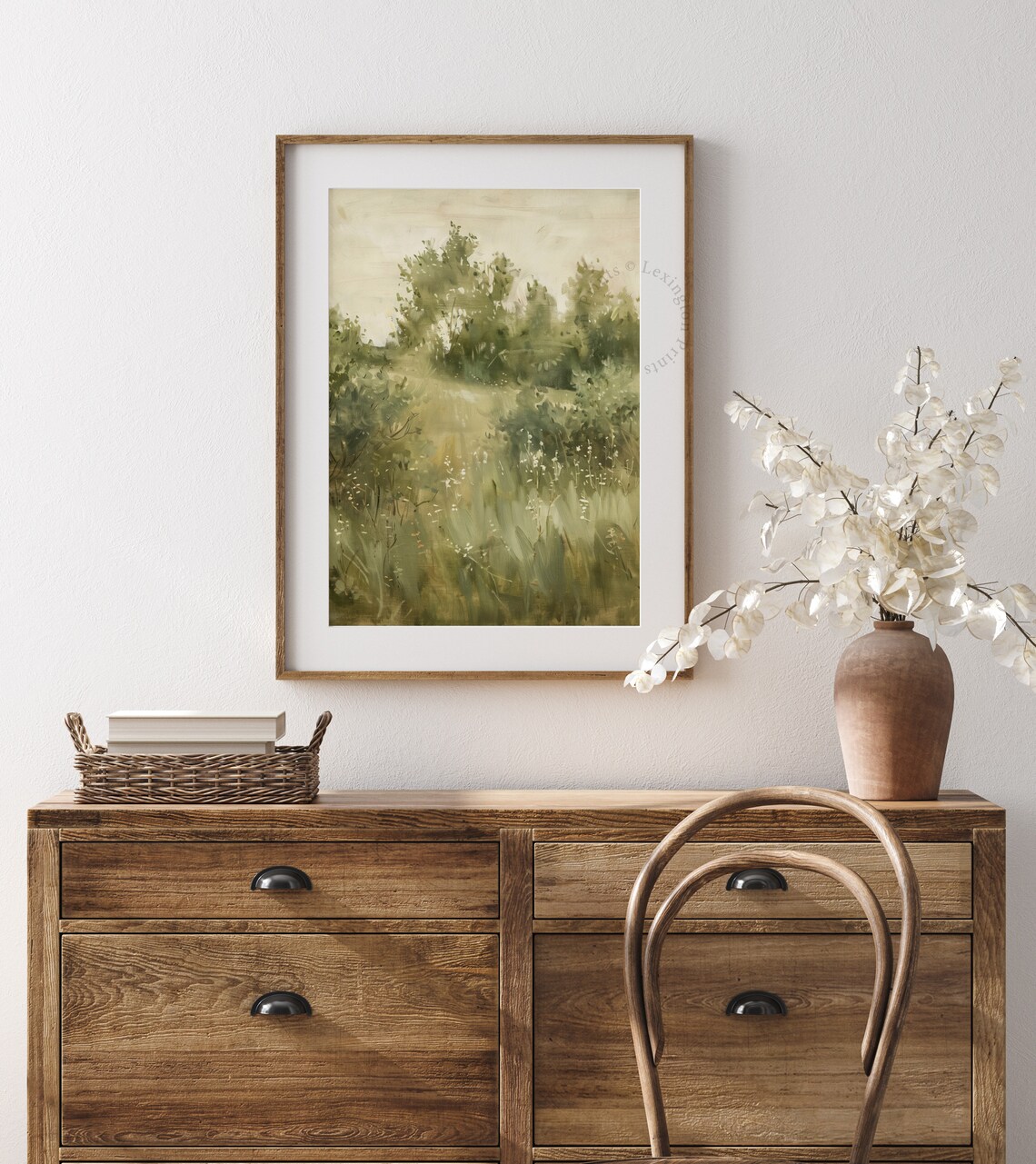 Serene Misty Green Meadow Watercolor Landscape Morning Light Art Print