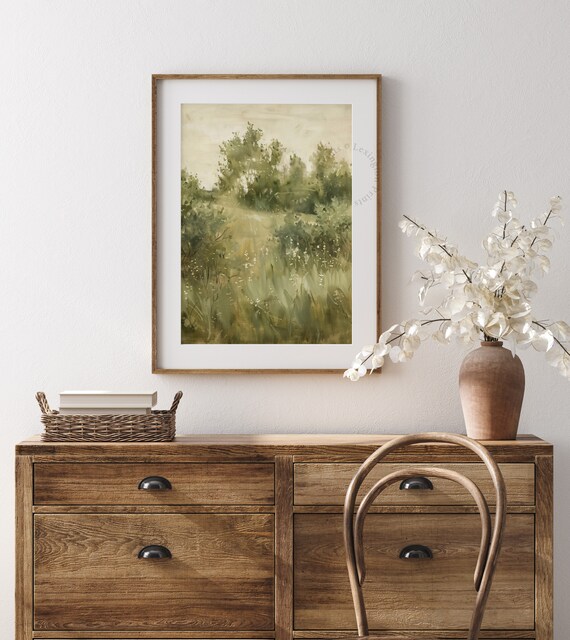 Serene Misty Green Meadow Watercolor Landscape Morning Light Art Print