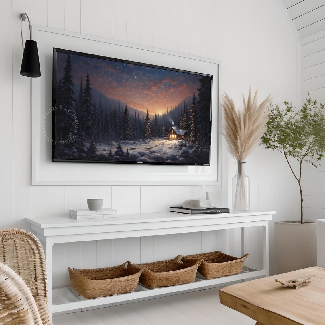 Snowy Cabin at Dusk Among Pines Winter Night Landscape Poster - Image 4