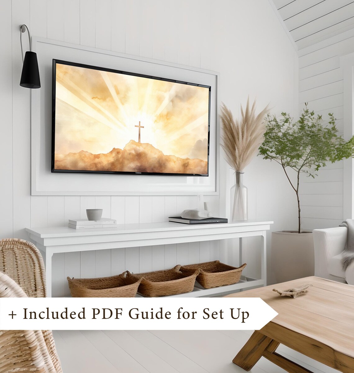 Cross On Hill Golden Sunrise Watercolor Frame TV Art Christian Poster - Image 8