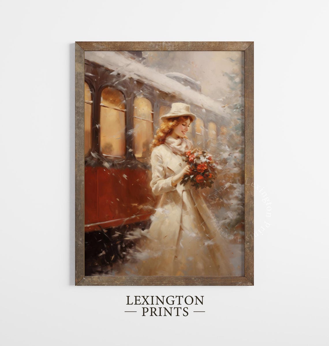 Vintage Christmas Print Woman Winter Oil Painting Christmas Decor Vintage 1950s Christmas Wall Art City Train Art Holiday Winter Print 307 - Image 4