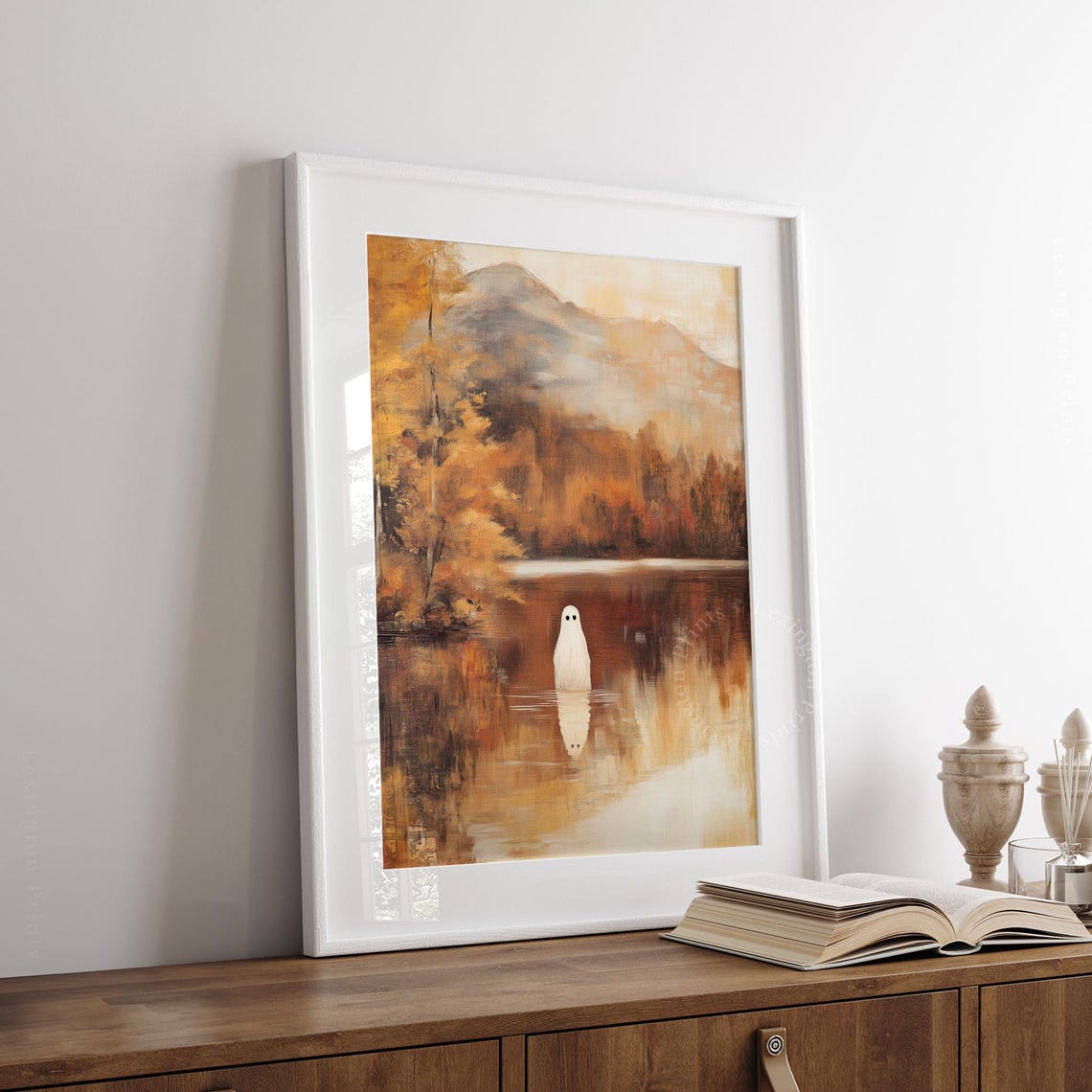 Ghost by the Lake at Sunset Autumn Mountain Reflection Wall Art - Image 8