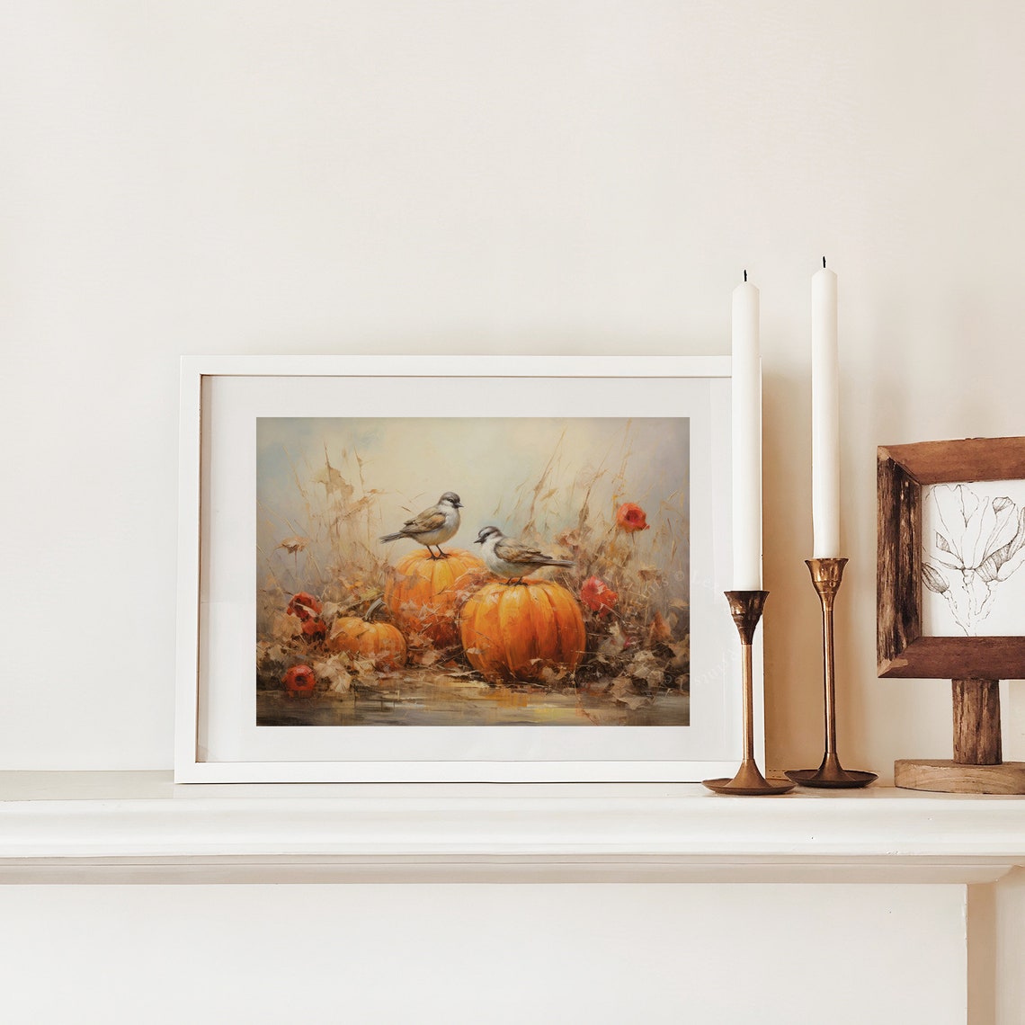 Two Songbirds on Pumpkins in Autumn Field Vintage Bird Poster - Image 3