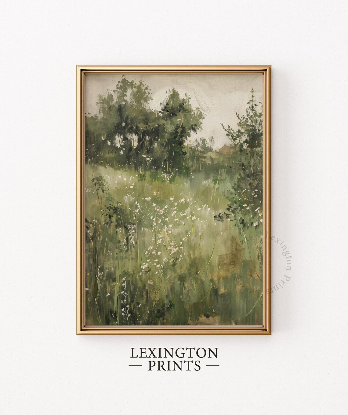 Soft Sunlit Wildflower Morning Meadow with Green Trees Watercolor Art Print - Image 6