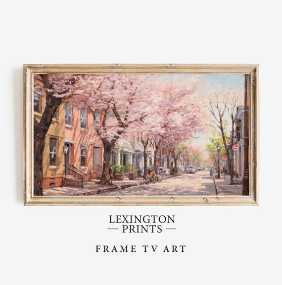 Cherry Blossom Street in Bloom Spring Frame TV Art Cityscape Print