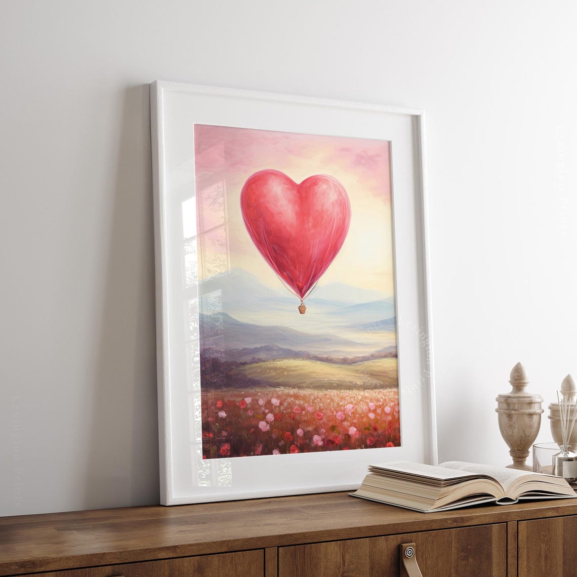 Red Heart Hot Air Balloon Over Wildflower Meadow Sunset Art Print - Image 4