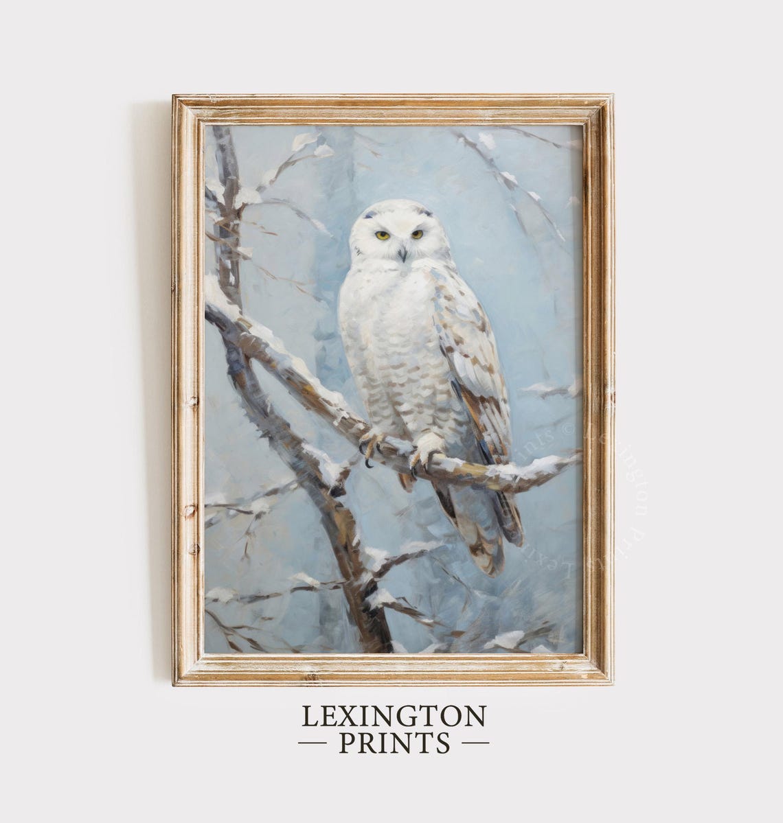 Snowy White Owl Perched on Branch Winter Wildlife Painting Poster - Image 6