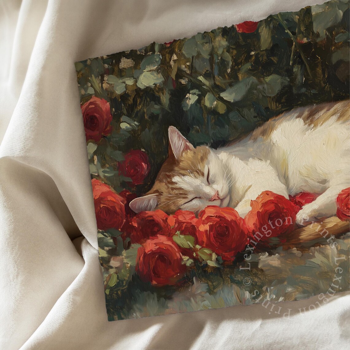 Sleeping Cat Among Red Roses Vintage Floral Oil Painting Wall Art - Image 7