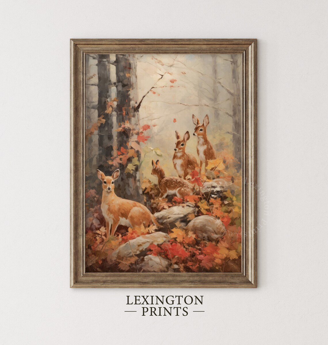 Fawn Family Among Red Autumn Leaves Misty Forest Fall Wildlife Wall Art - Image 4