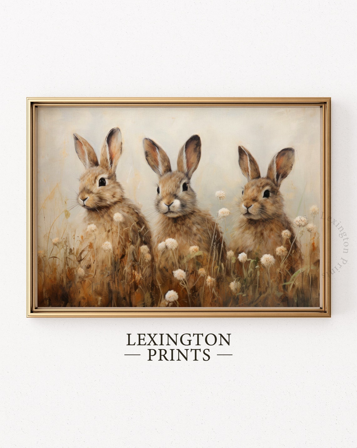 Three Bunnies Wildflower Field Vintage Spring Rabbit Painting Poster - Image 6