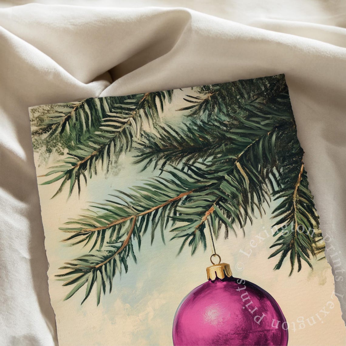 Magenta Christmas Ornament on Pine Branch Vintage Holiday Poster - Image 6
