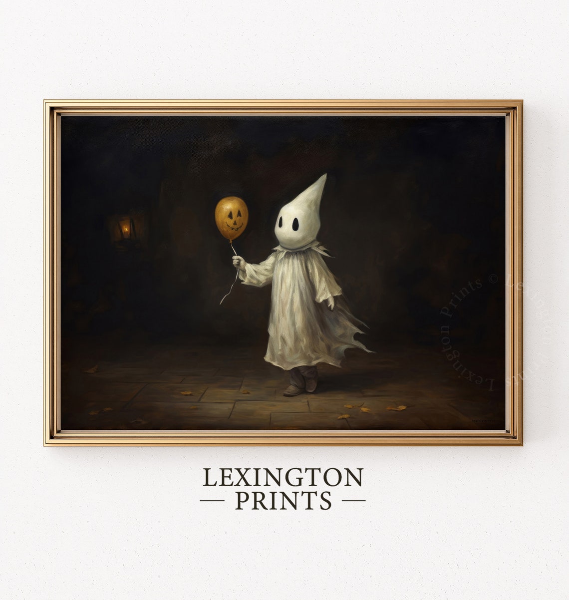Little Ghost Child Holding Pumpkin Balloon Dark Halloween Wall Art - Image 3