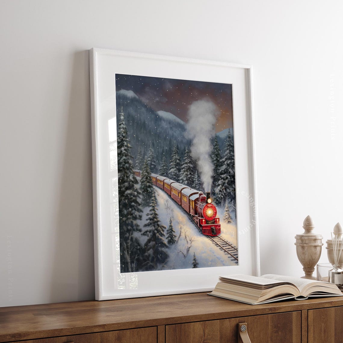 Vintage Red Steam Train Snowy Pine Forest Christmas Night Poster - Image 4