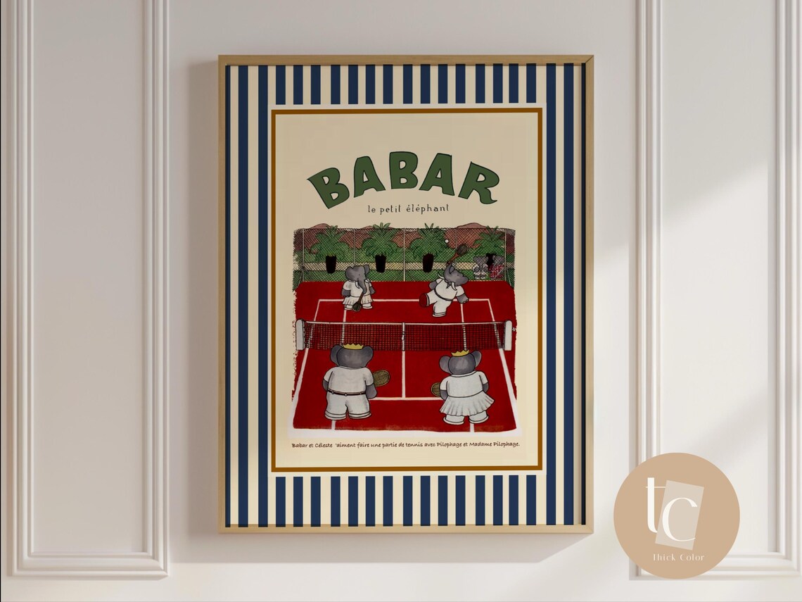 Babar the Elephant Playing Tennis Retro Kids Art Print