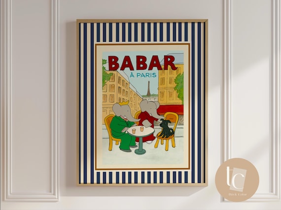 Babar The Elephant In Paris Cafe Wall Art Retro Kids Decor Quote Genre Neutral Baby Illustration Nursery Print Red Stripes