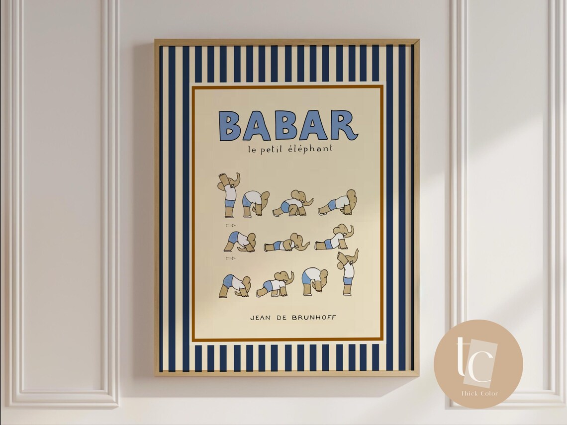 Babar The Elephant Doing Yoga, Retro Nursery Art