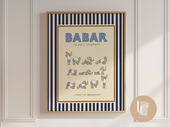Babar The Elephant Doing Yoga, Retro Nursery Art
