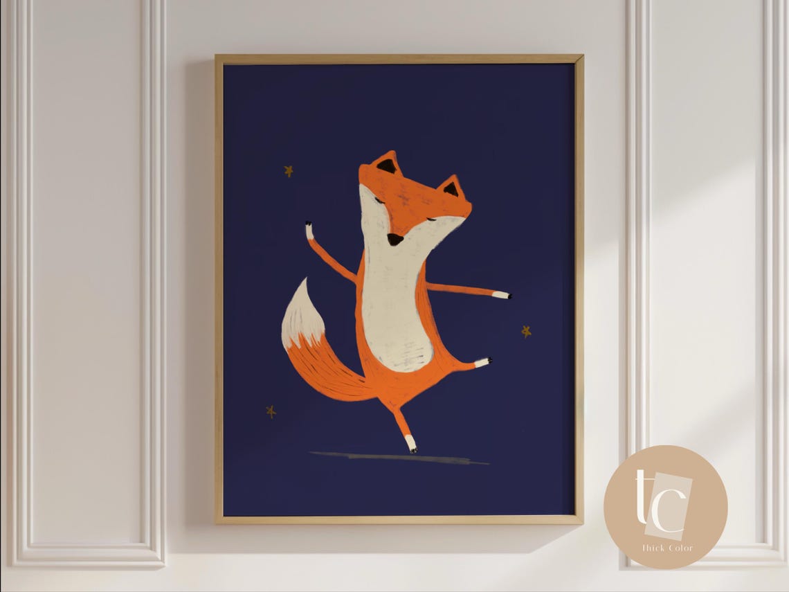 Little Dancing Fox Under Golden Stars Midnight Navy Nursery Poster