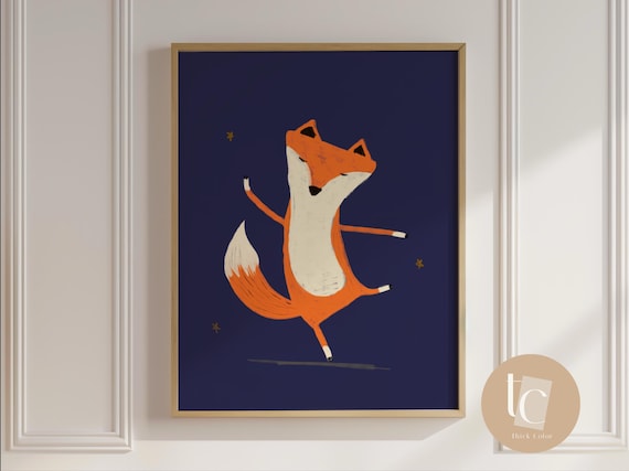 Little Dancing Fox Under Golden Stars Midnight Navy Nursery Poster