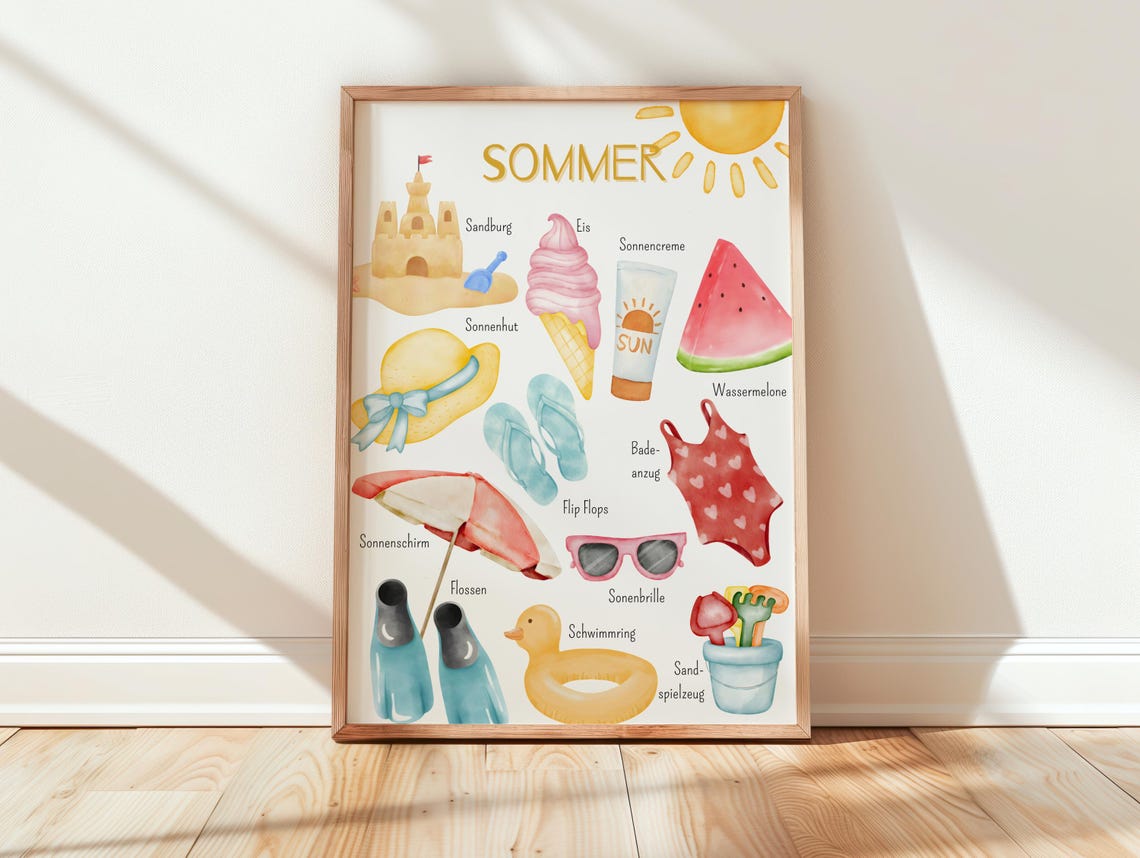 Sommer German Summer Words Watercolor Learning Kids Room Poster