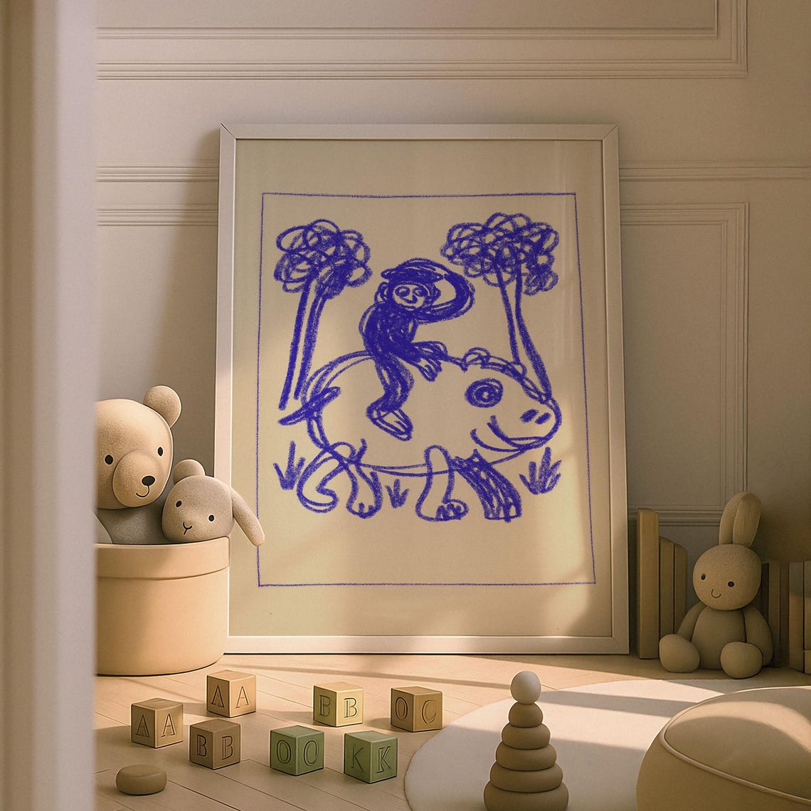 Monkey Riding Hippo Blue Crayon Scribble Kids Drawing Fun Poster