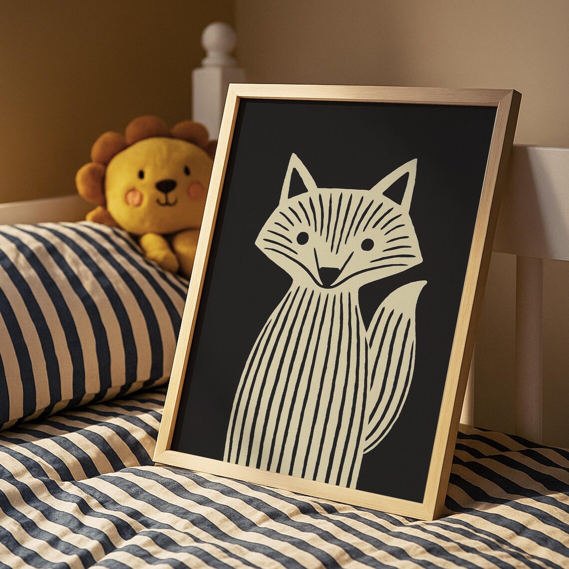 Whimsical Striped Fox Nursery Cream On Black Kids Room Decor Poster