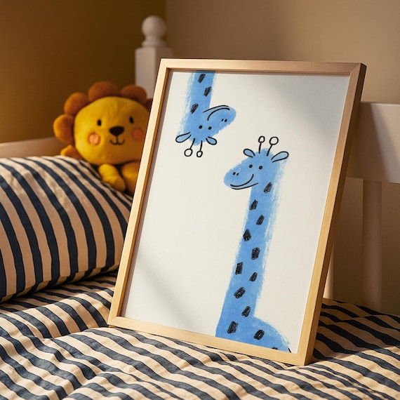Blue Giraffe Line Drawing Nursery Poster Cute Baby Room Kids Room Decor