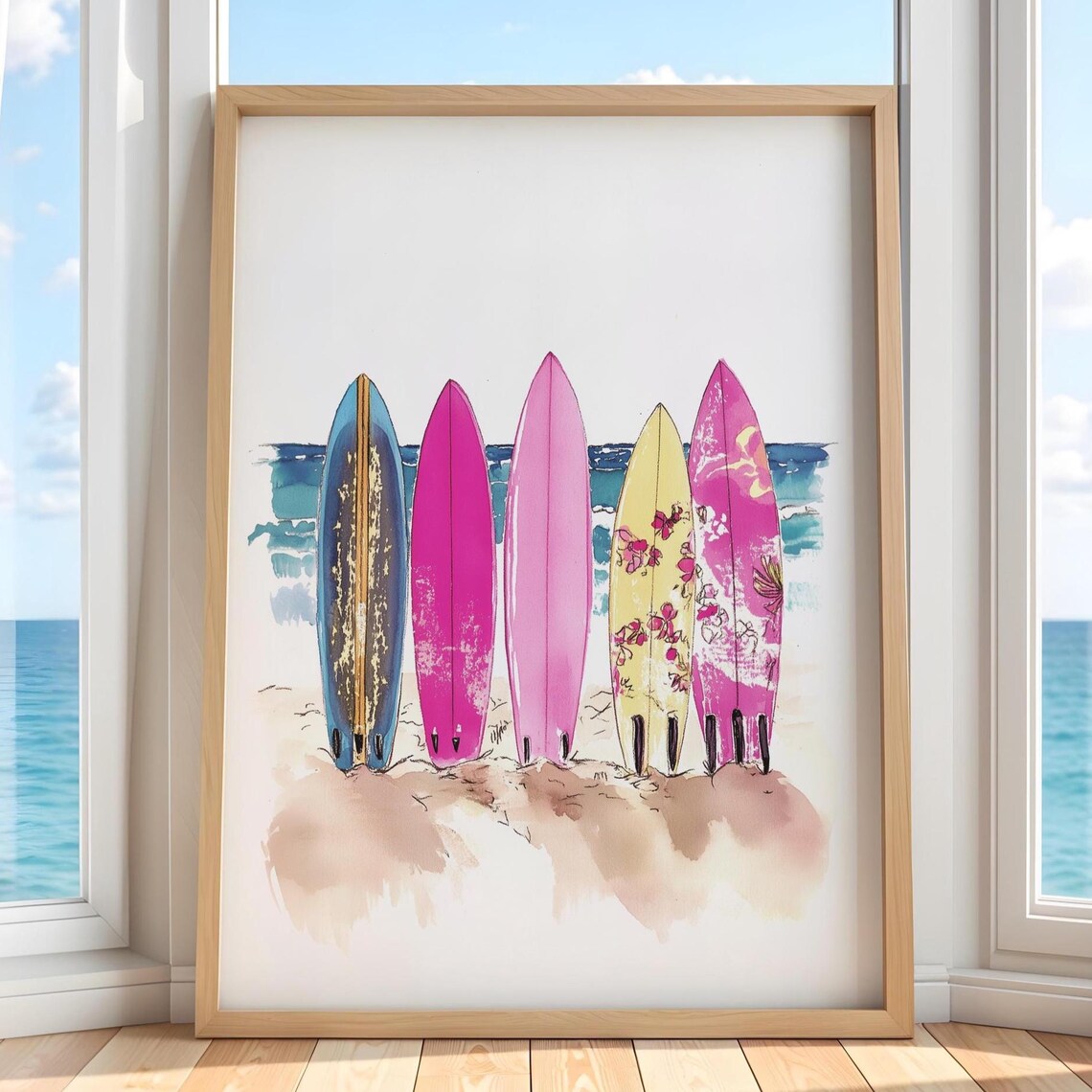 Colorful Surfboards Beach Watercolor Tropical Ocean Surf Art Poster