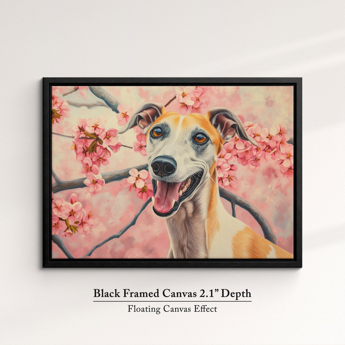Tan And White Greyhound Grinning In Pink Blossoms Spring Art Poster - Image 2