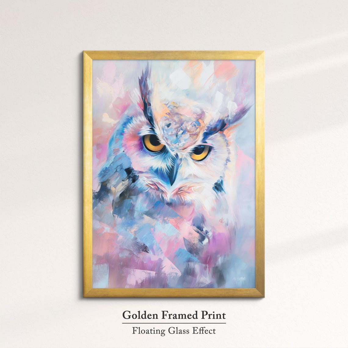 White Horned Owl Yellow Eyes Pink Blue Pastel Abstract Bird Art Poster - Image 5