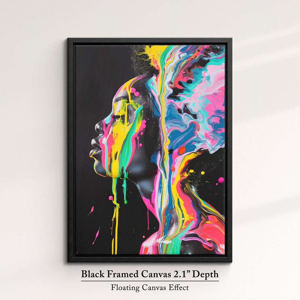 Neon Paint Drips Over Woman Face Profile Black Background Art Poster - Image 2
