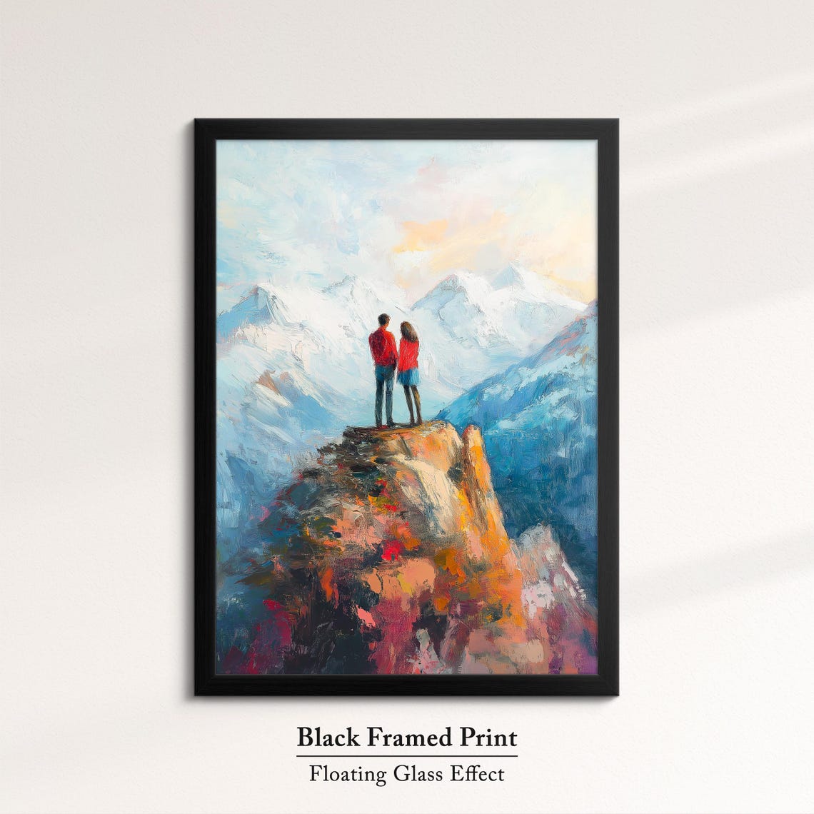 Romantic Couple On Cliff Edge Snowy Mountain Peak Love Art Poster - Image 8
