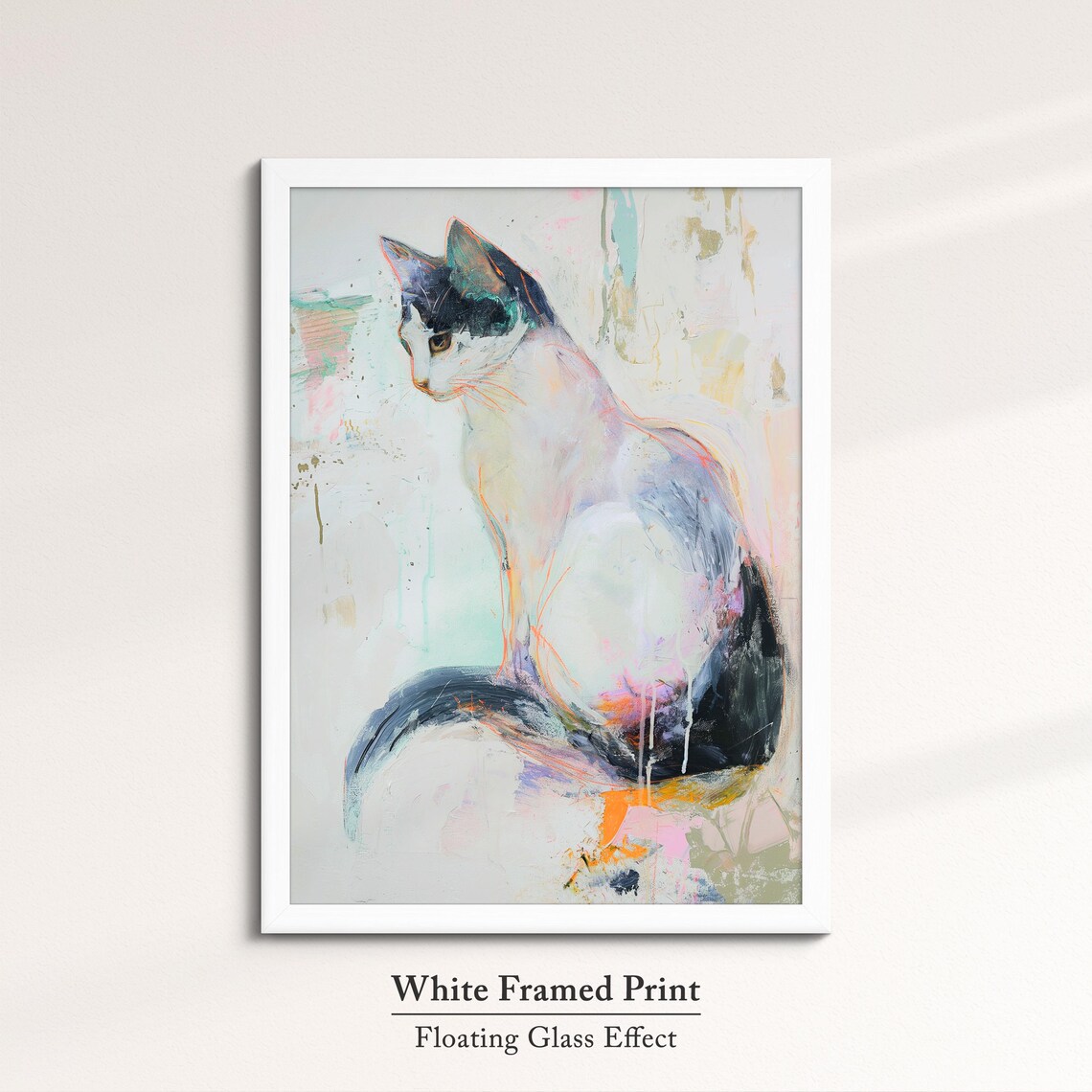 White Cat Sitting Pastel Abstract Oil Painting Elegant Pet Wall Art Poster - Image 7