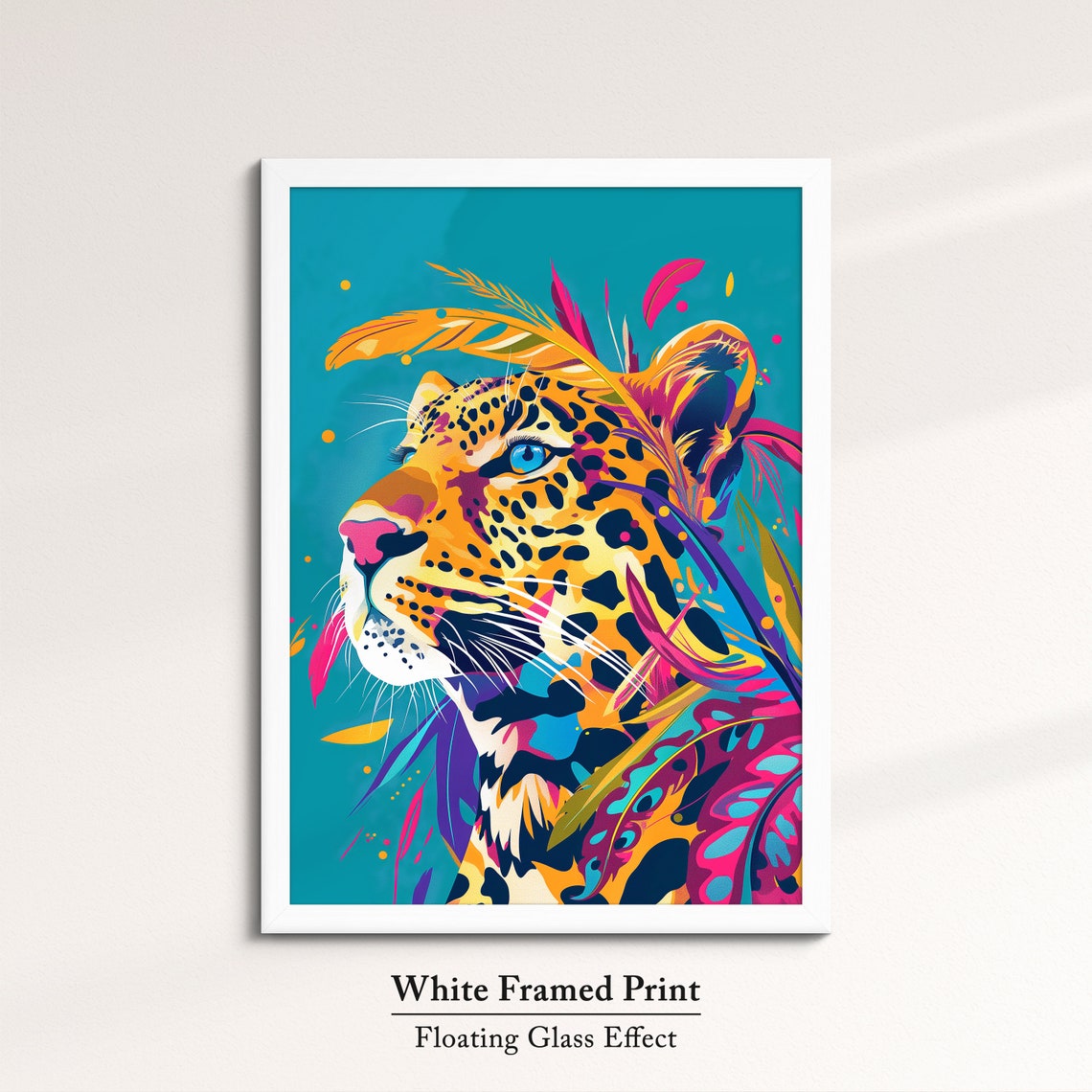 Leopard Side Profile With Feathers Teal Background Wildlife Poster - Image 7