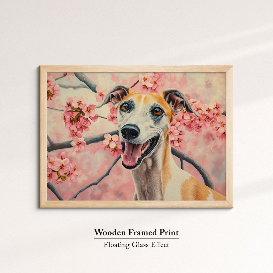 Tan And White Greyhound Grinning In Pink Blossoms Spring Art Poster - Image 6