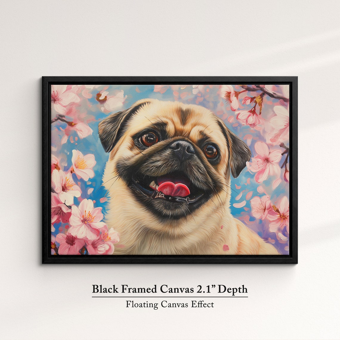 Joyful Pug Grinning Among Pink Cherry Blossoms Blue Sky Spring Poster - Image 2