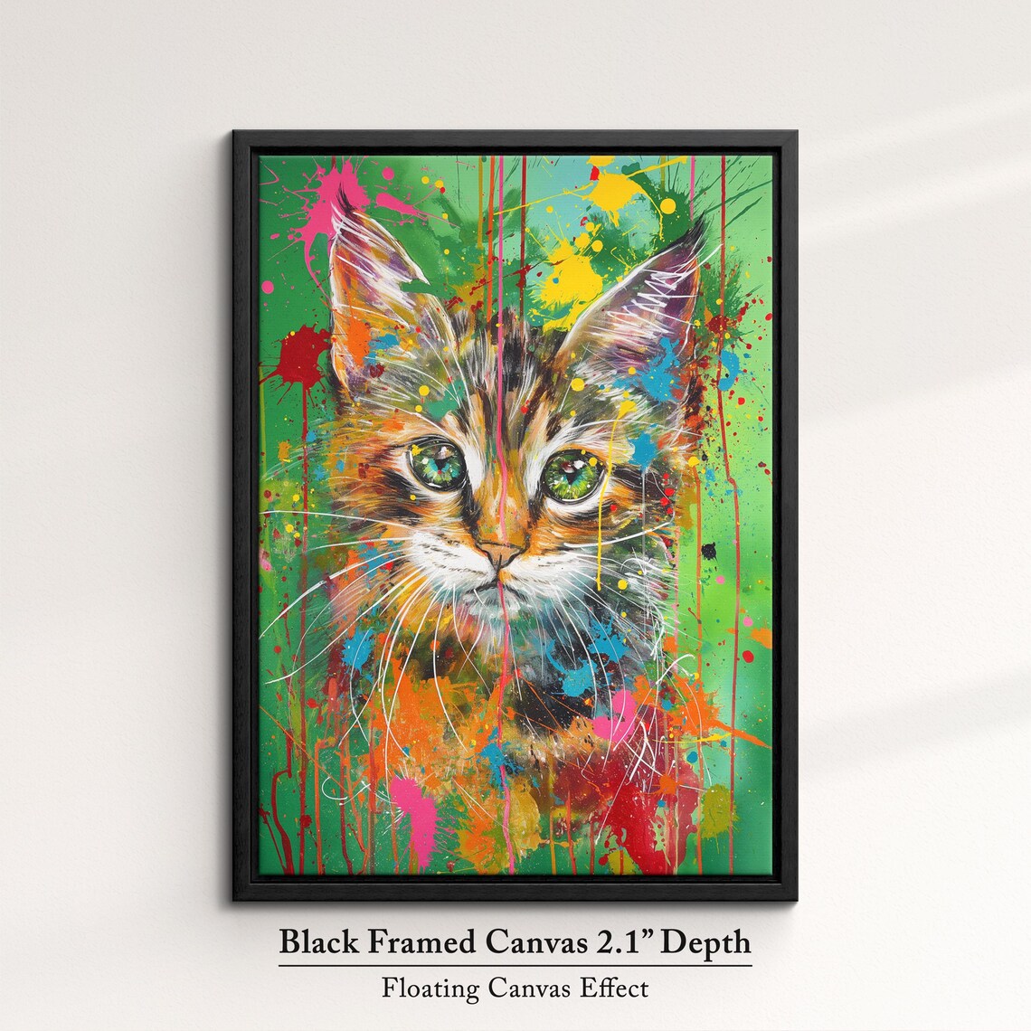 Colorful Tabby Kitten Face Pop Art Painting Green Splatter Pet Wall Art Poster - Image 2
