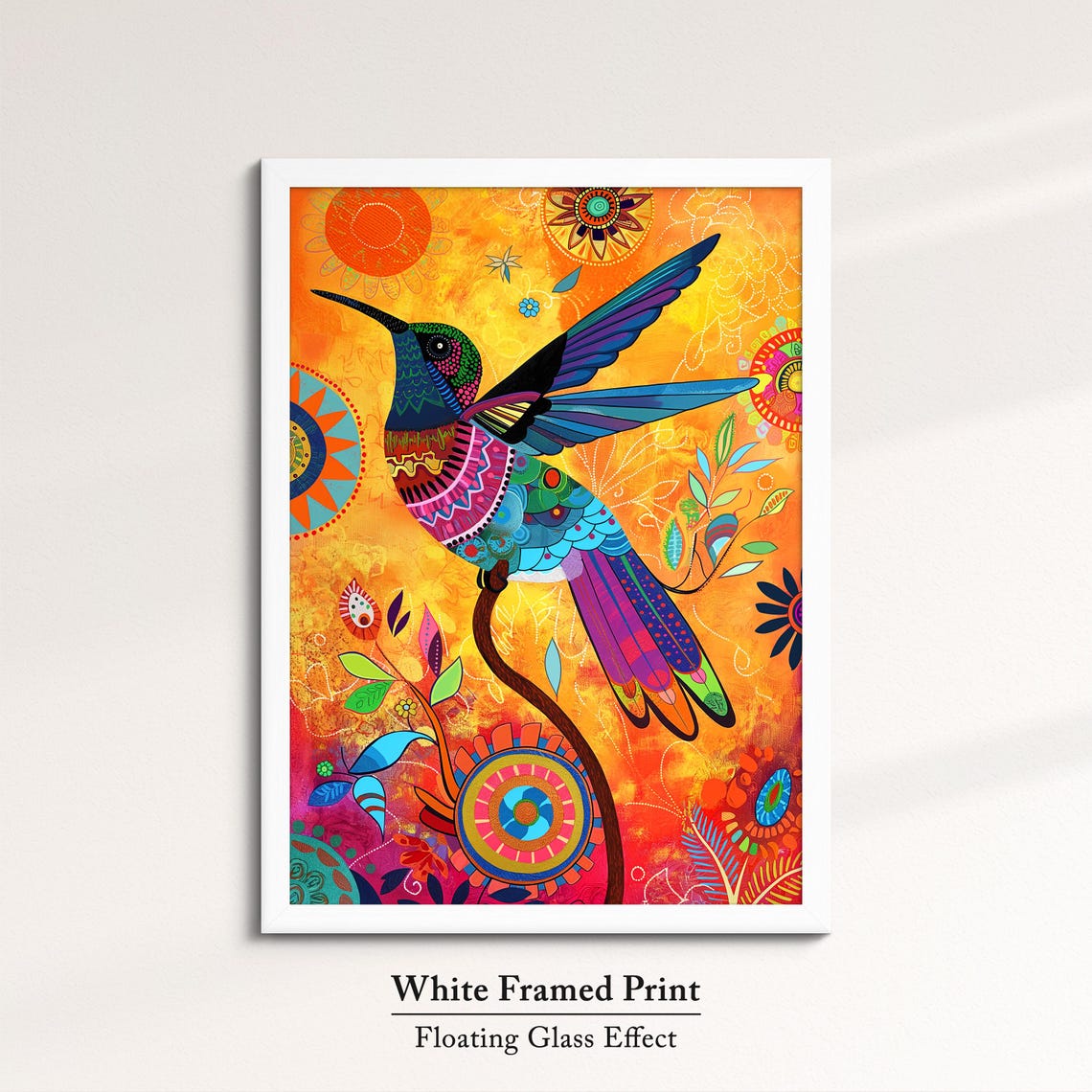 Colorful Hummingbird Folk Art Orange Mandala Background Wall Poster - Image 7