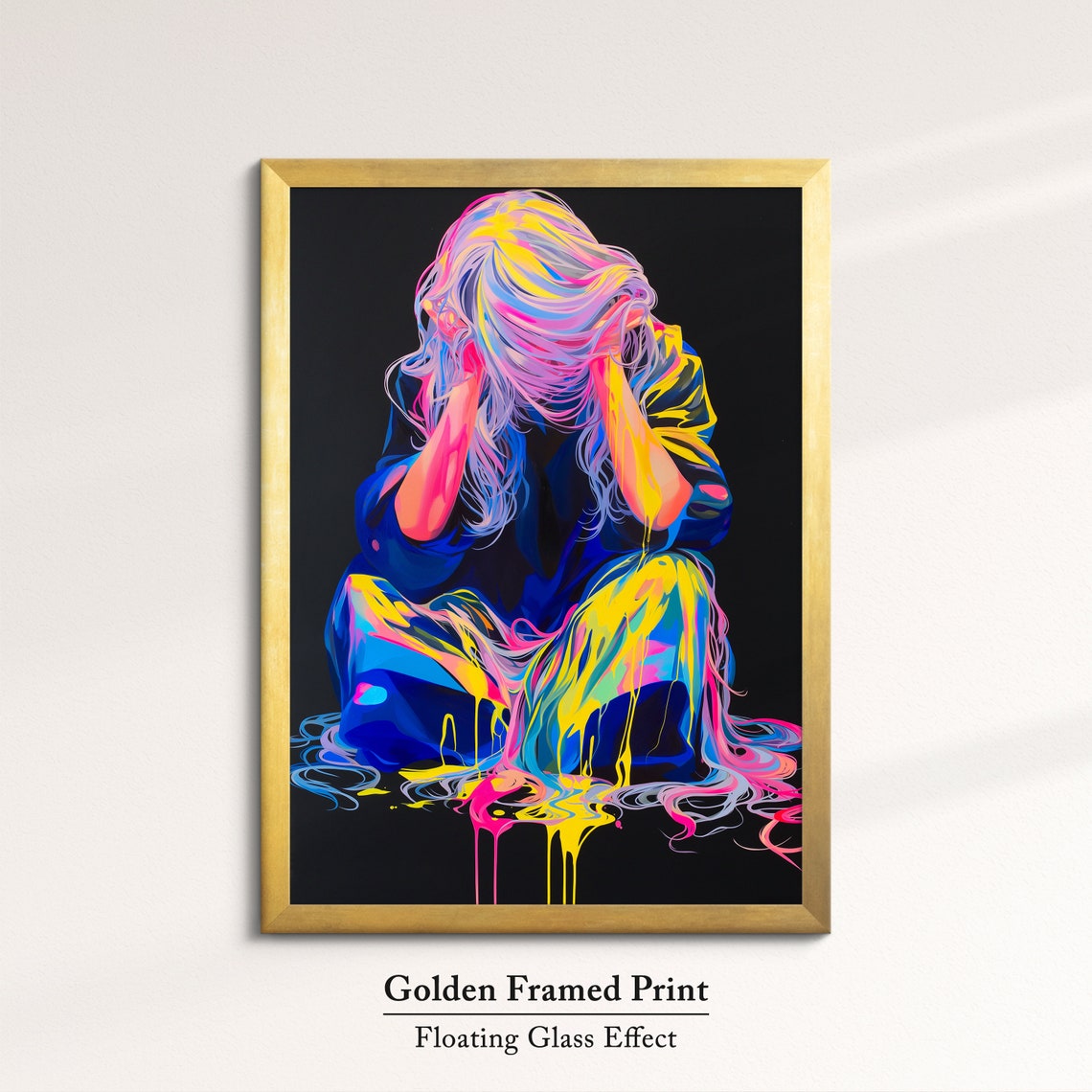 Neon Paint Splash Seated Woman With Long Flowing Hair Dark Art Poster - Image 5