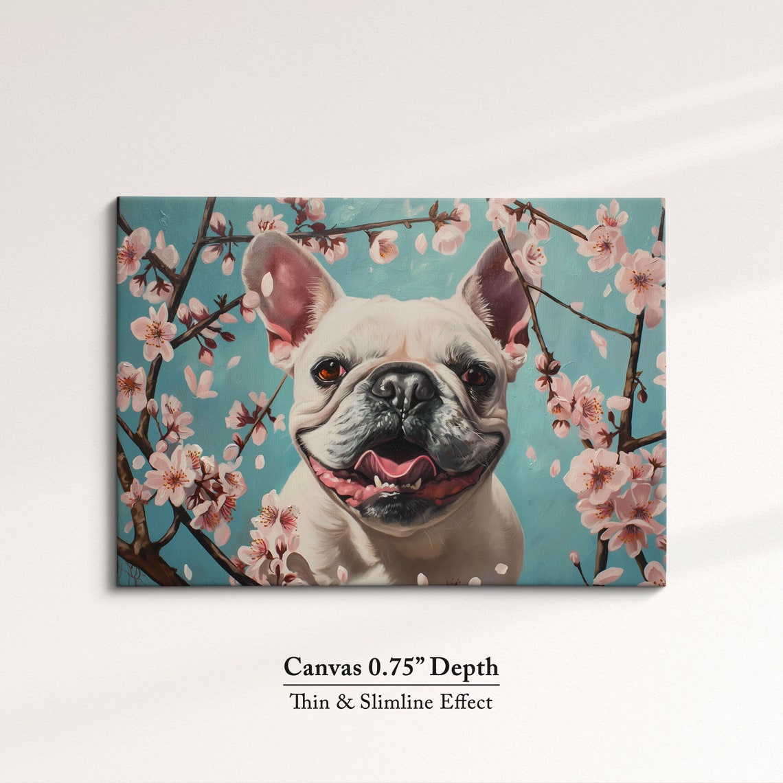 Cheerful White French Bulldog In Cherry Blossoms Teal Sky Dog Poster - Image 4